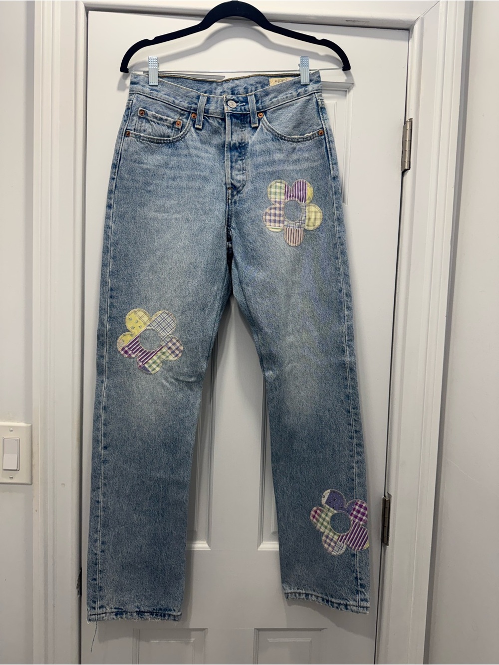 Levi's Light Blue Straight Leg Jeans with Multicolor Floral Patches